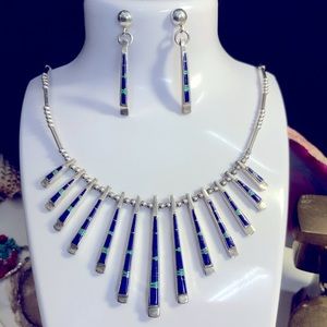 VINTAGE LAPIS OPAL STERLING SILVER NECKLACE AND EARRINGS NAVAJO NATIVE